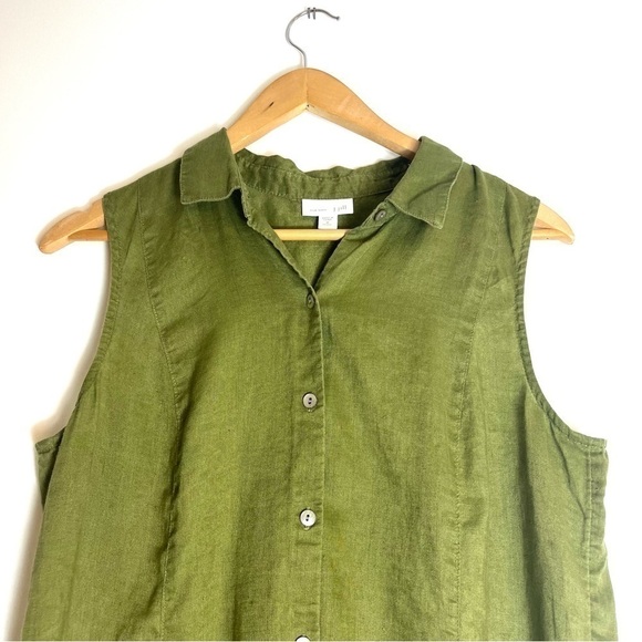 J Jill Olive Green Peplum Back Top 100% Linen Size M Petite - Picture 3 of 6